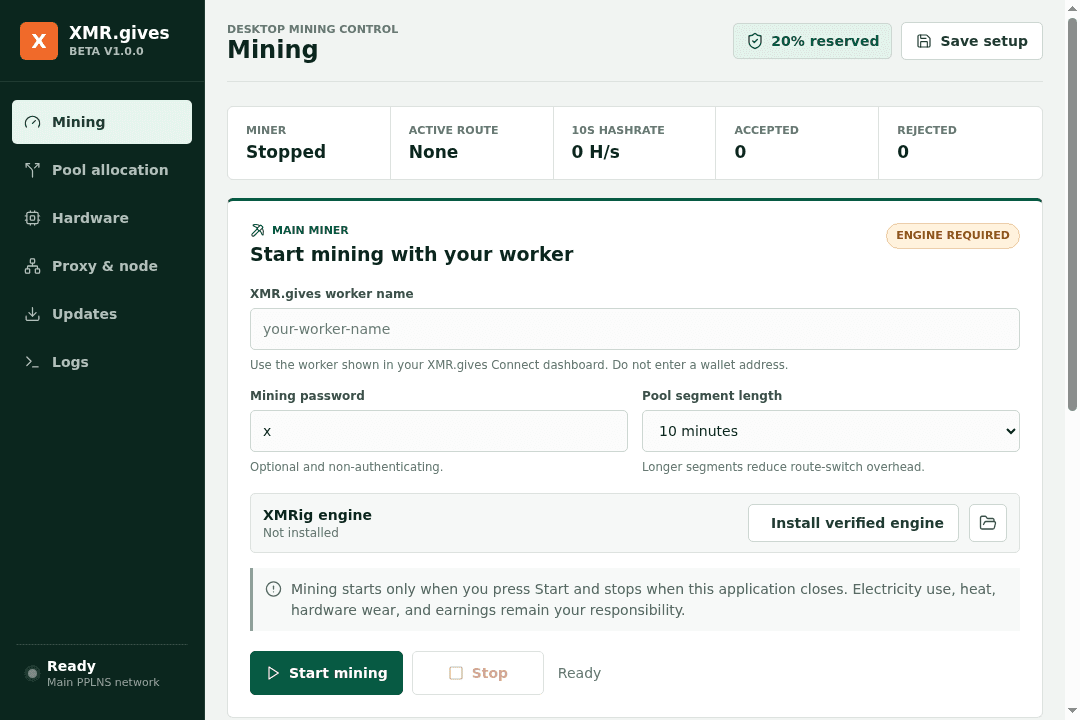 The XMR.gives Miner mining control screen